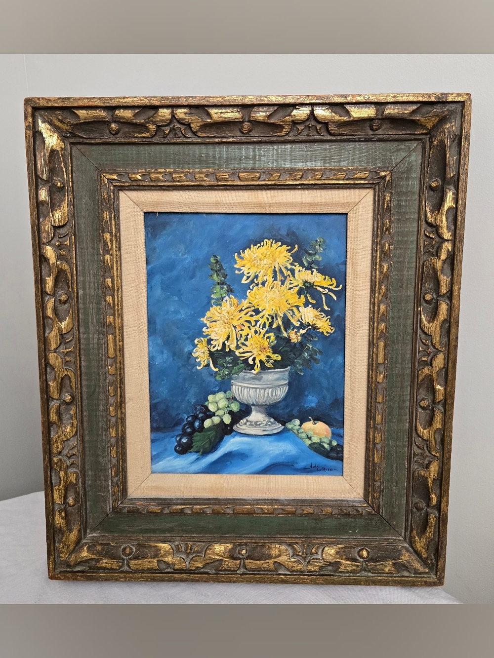 Viola La Rosse 20" Still Life Painting Floral Fruit Gold Gilt Carved Wood Frame